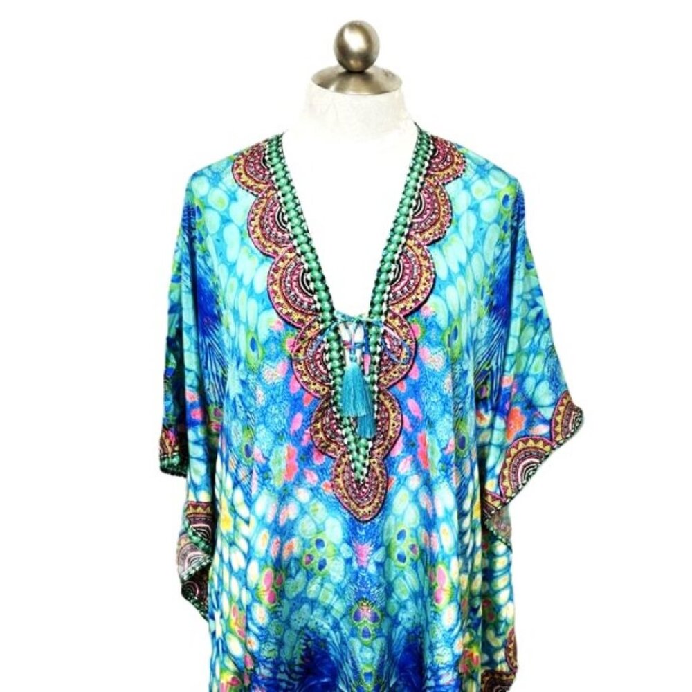 SAKKAS Blue Flowy Rhinestone Boho V Neck Long Silky Maxi Kaftan One size